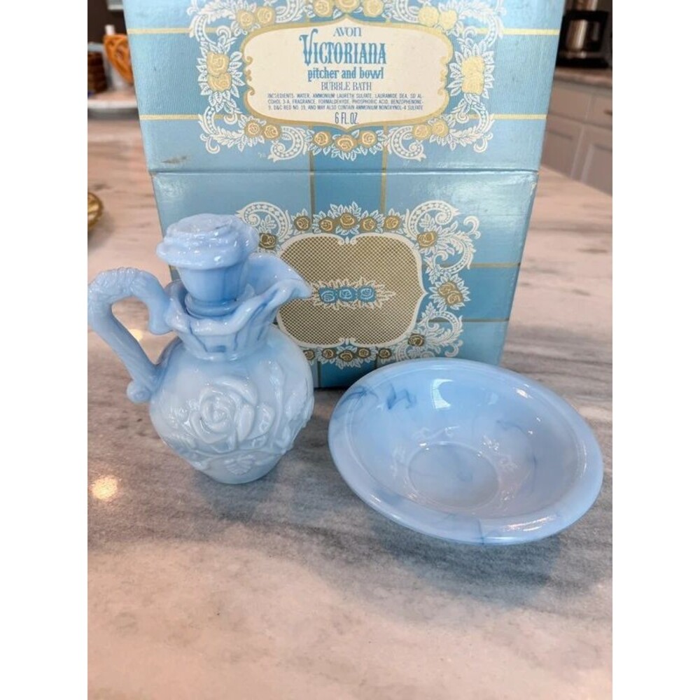 Vintage Avon Blue Marbled Victoriana Pitcher & Bowl Bubble Bath Set
